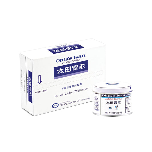 Ohta's Isan antacid powder can back view with clear dosing label