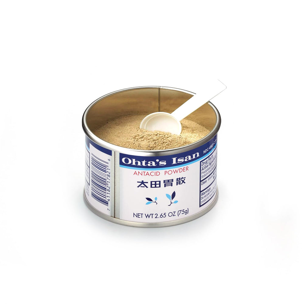 Ohta's Isan antacid powder package stacked for compact storage