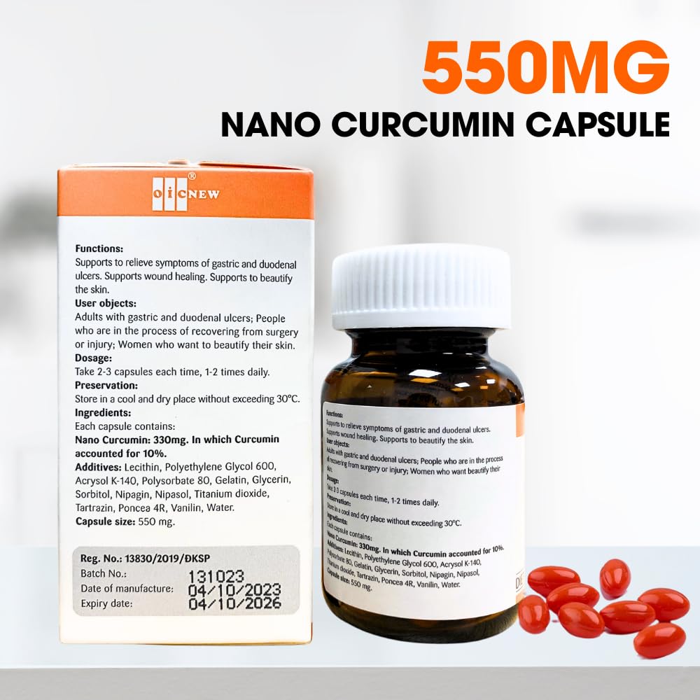OIC NEW Nano Curcumin capsules taken with meals for potential digestive support.