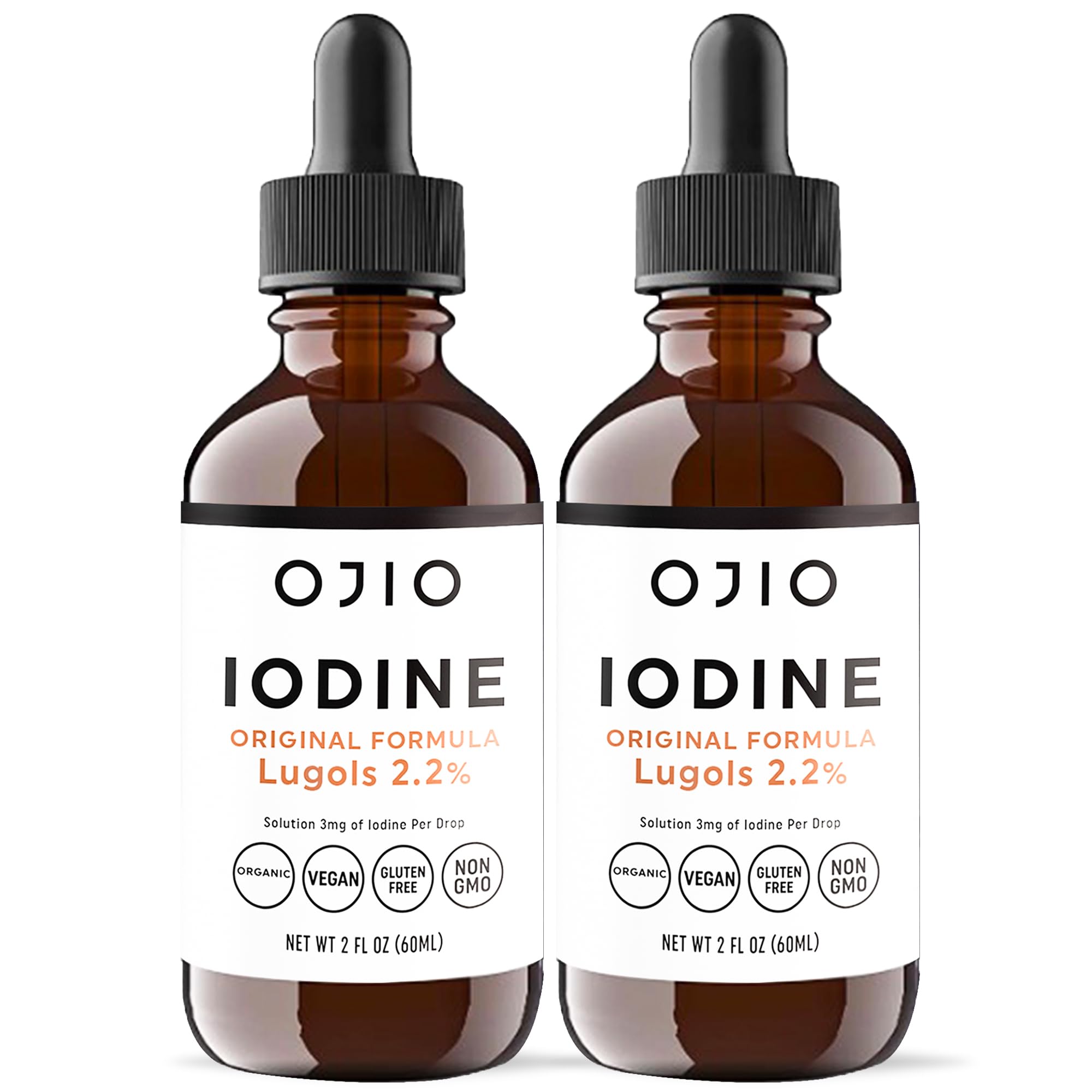 Ojio Lugols Iodine Solution bottle shows high potency liquid for easy dosing and absorption