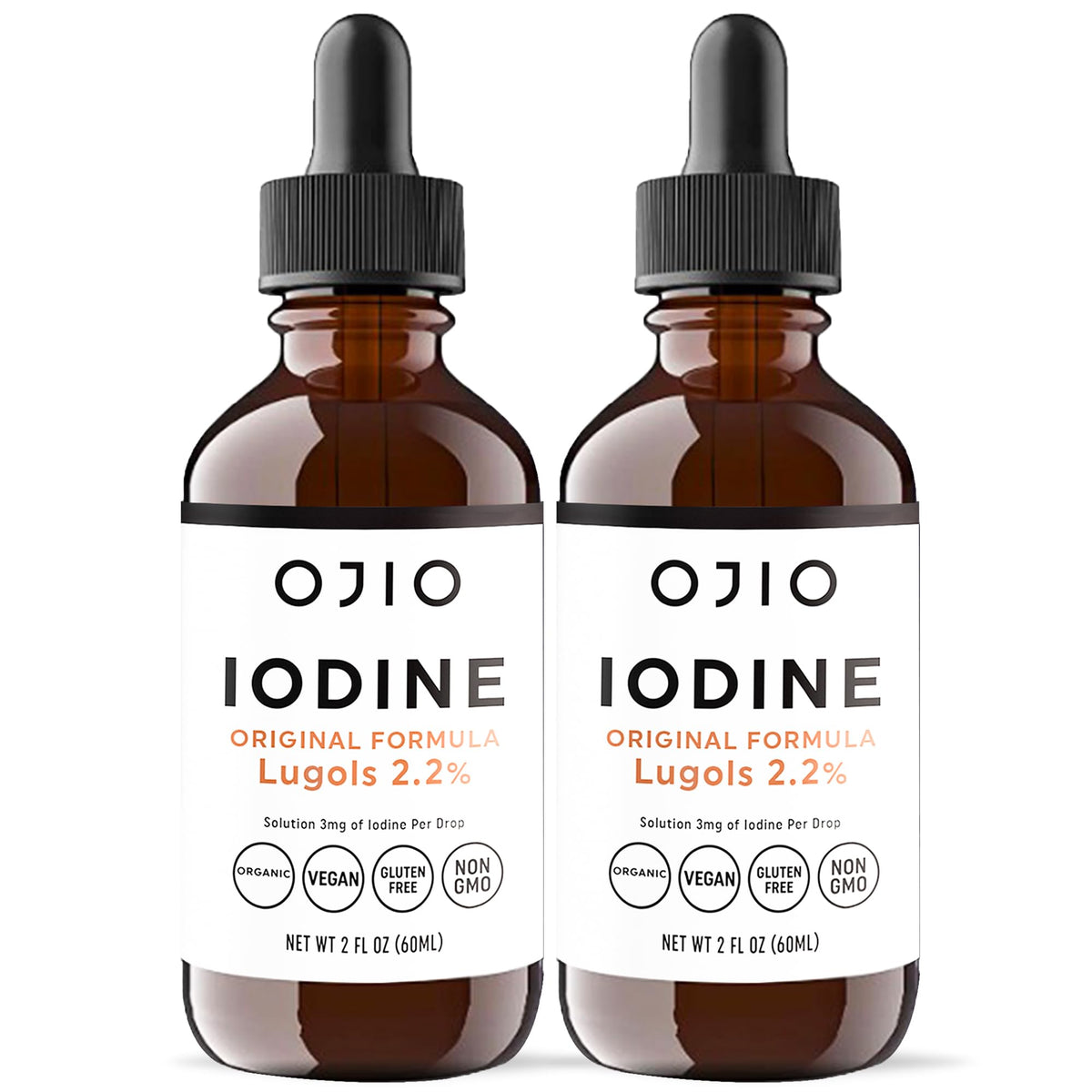 Ojio Lugols Iodine Solution bottle shows high potency liquid for easy dosing and absorption