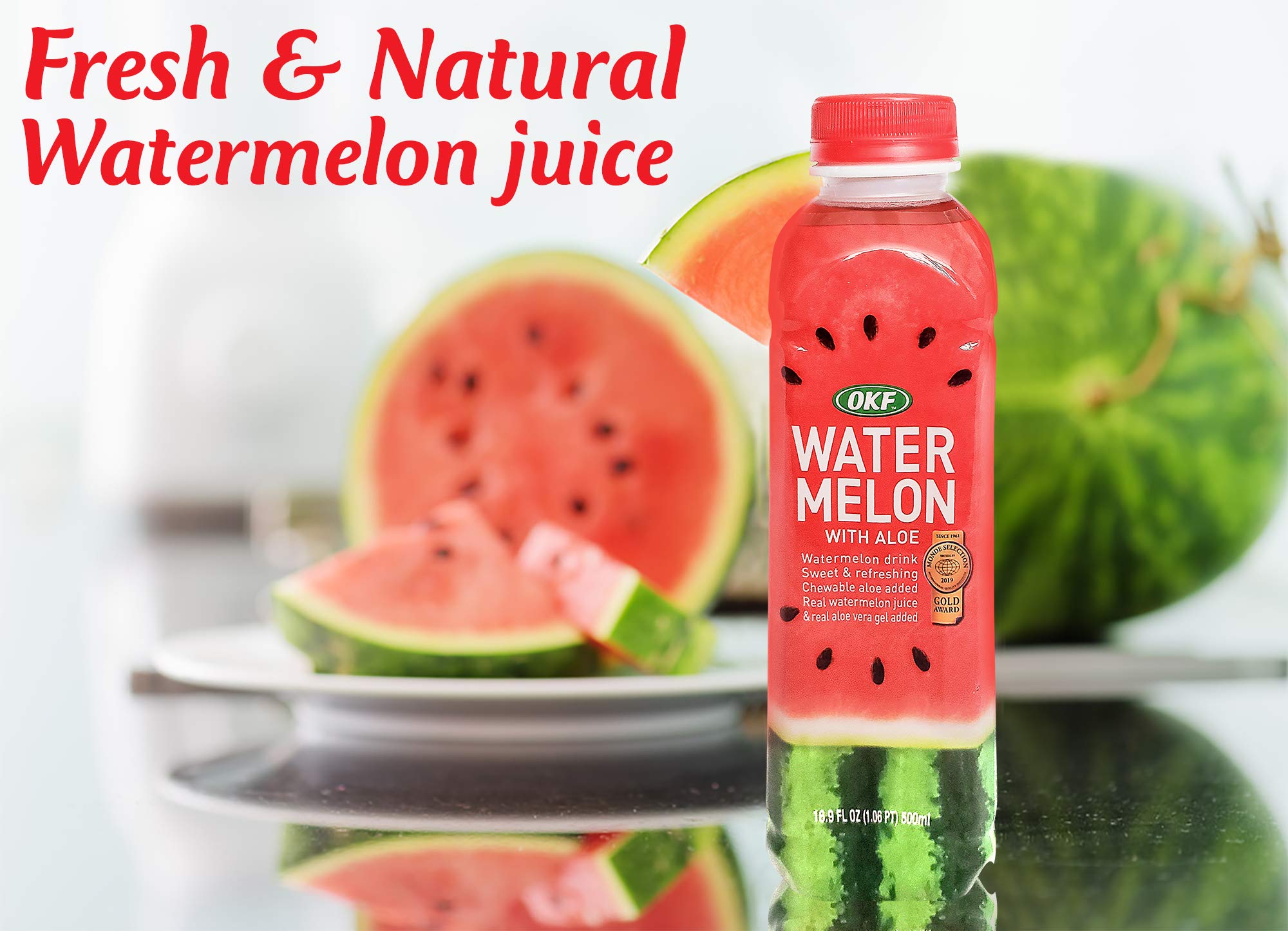 OKF Watermelon Aloe Vera Drink label closeup showing natural ingredients.