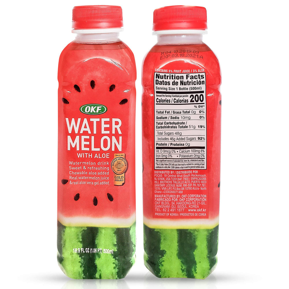 OKF Watermelon Aloe Vera Drink being poured into a glass for refreshment.