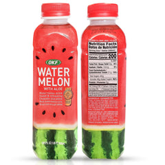 OKF Watermelon Aloe Vera Drink being poured into a glass for refreshment.
