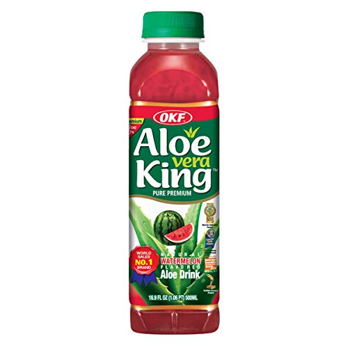 OKF Watermelon Aloe Vera King Drink bottle shows natural ingredients and pulp.