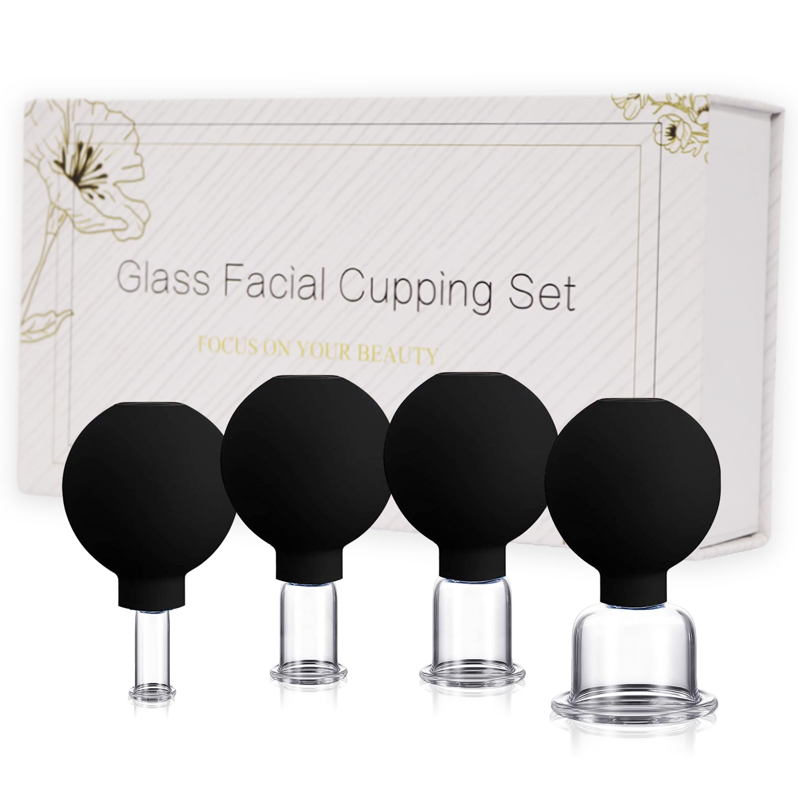 okmaba glass facial cupping set with four cups for at-home anti-aging routines.