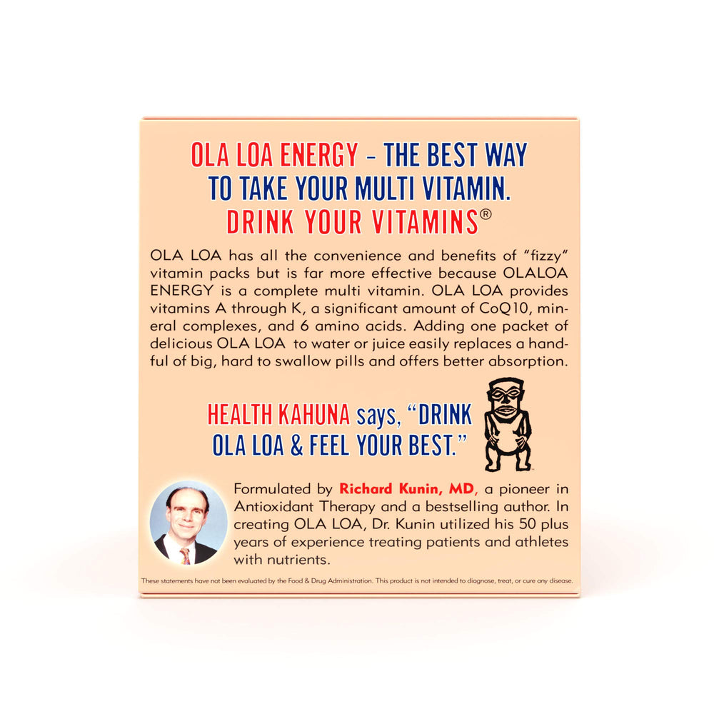 Ola Loa Energy Orange dissolving powder in water, quick daily hydration.