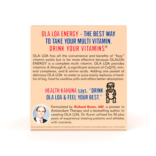 Ola Loa Energy Orange dissolving powder in water, quick daily hydration.
