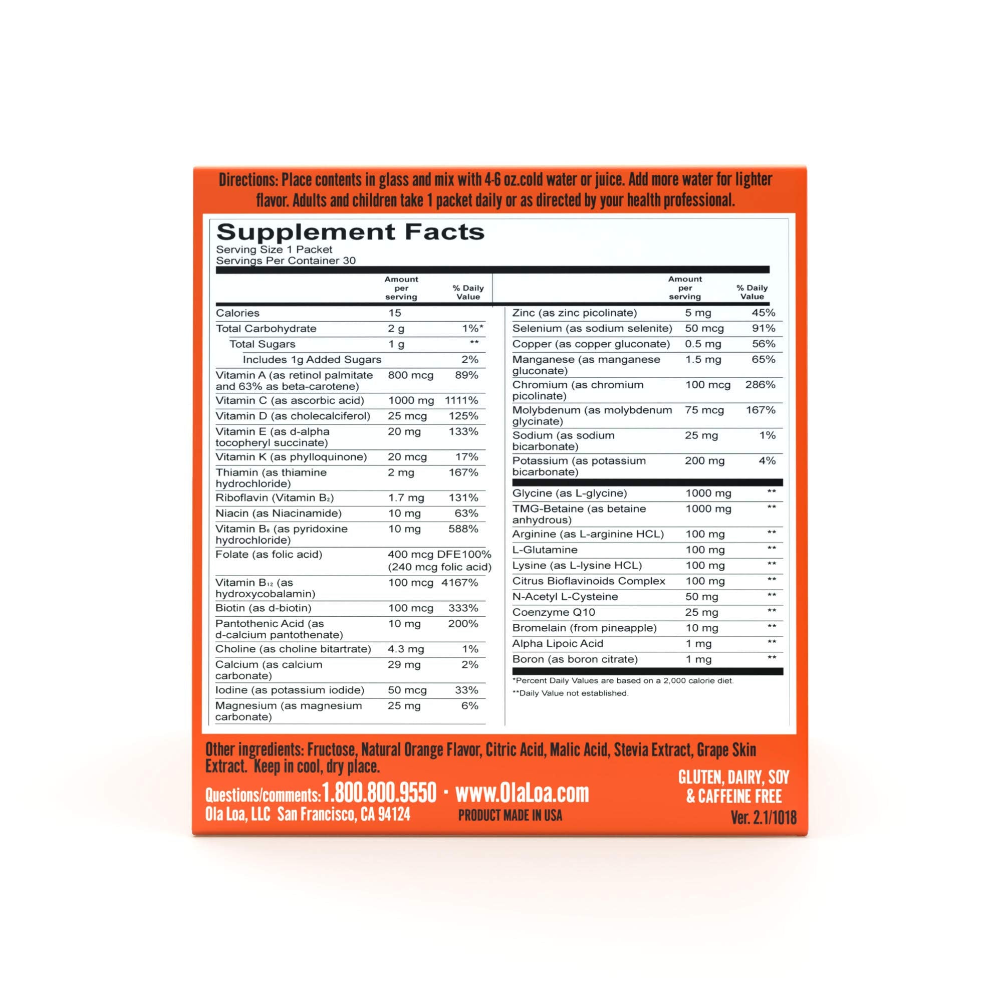 Ola Loa Energy Orange label closeup, highlights 90 mineral complexes and key nutrients.