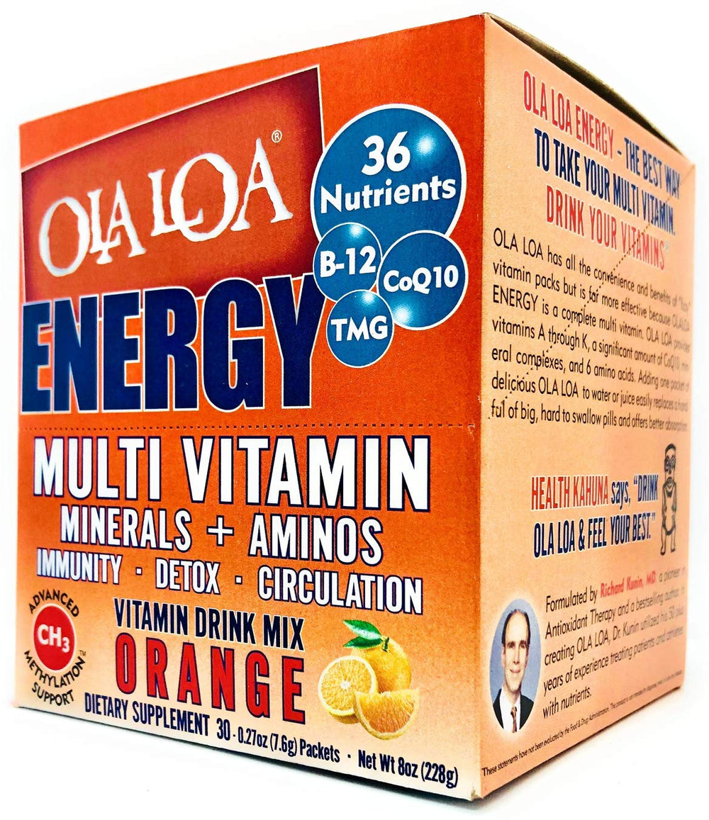Ola Loa Energy Orange packaging on shelf, convenient 30 packets.