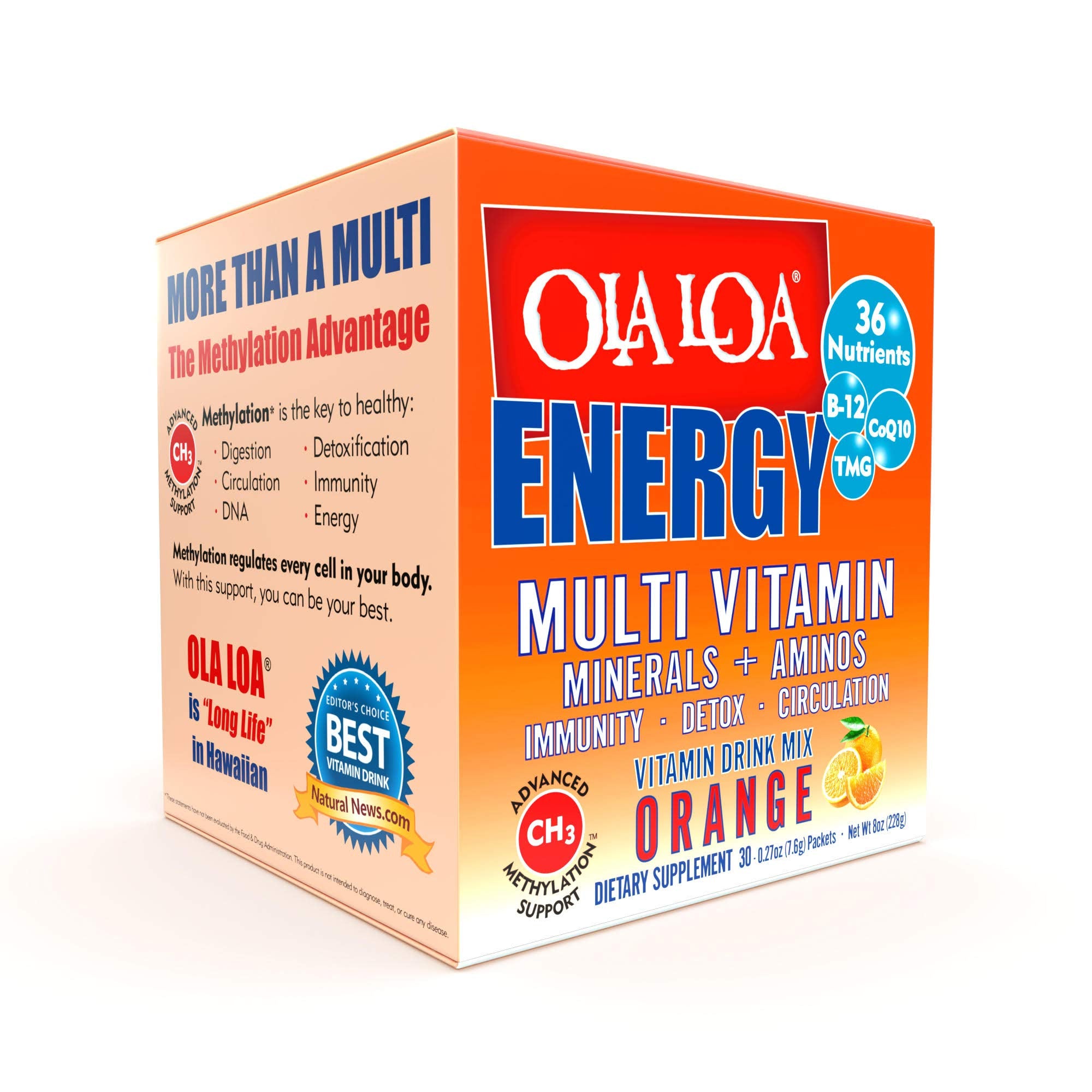 Ola Loa Energy Orange packets on a bright surface, convenient daily vitamins for busy days.