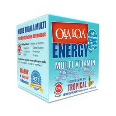 Ola Loa Energy Tropical bottle-pour shows a refreshing vitamin boost for daily routines.