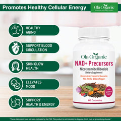 Ola Organic NAD+ Plus ingredients scene features Quercetin and Rhodiola