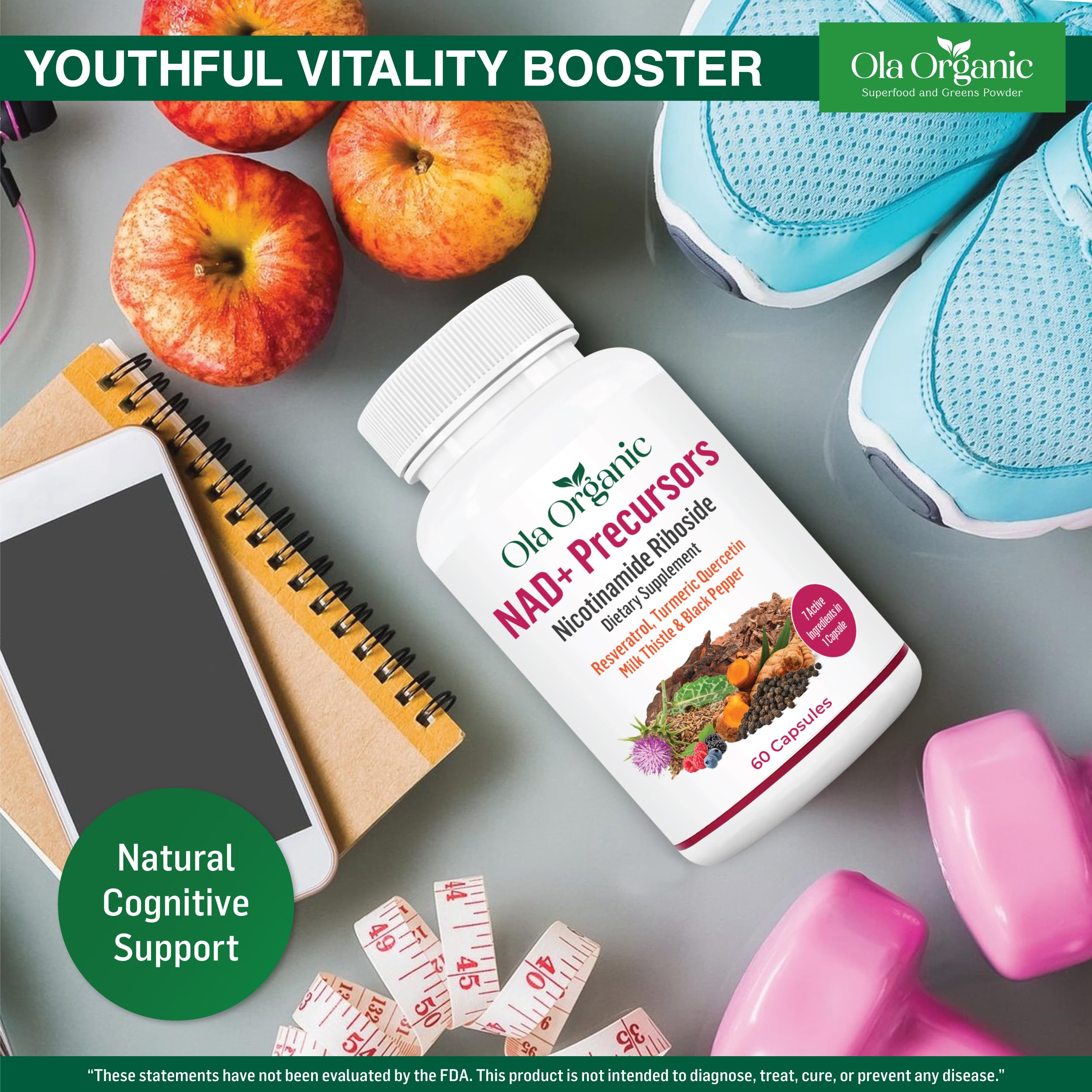 Ola Organic NAD+ Plus packaging shows 60 capsules for a 30-day supply