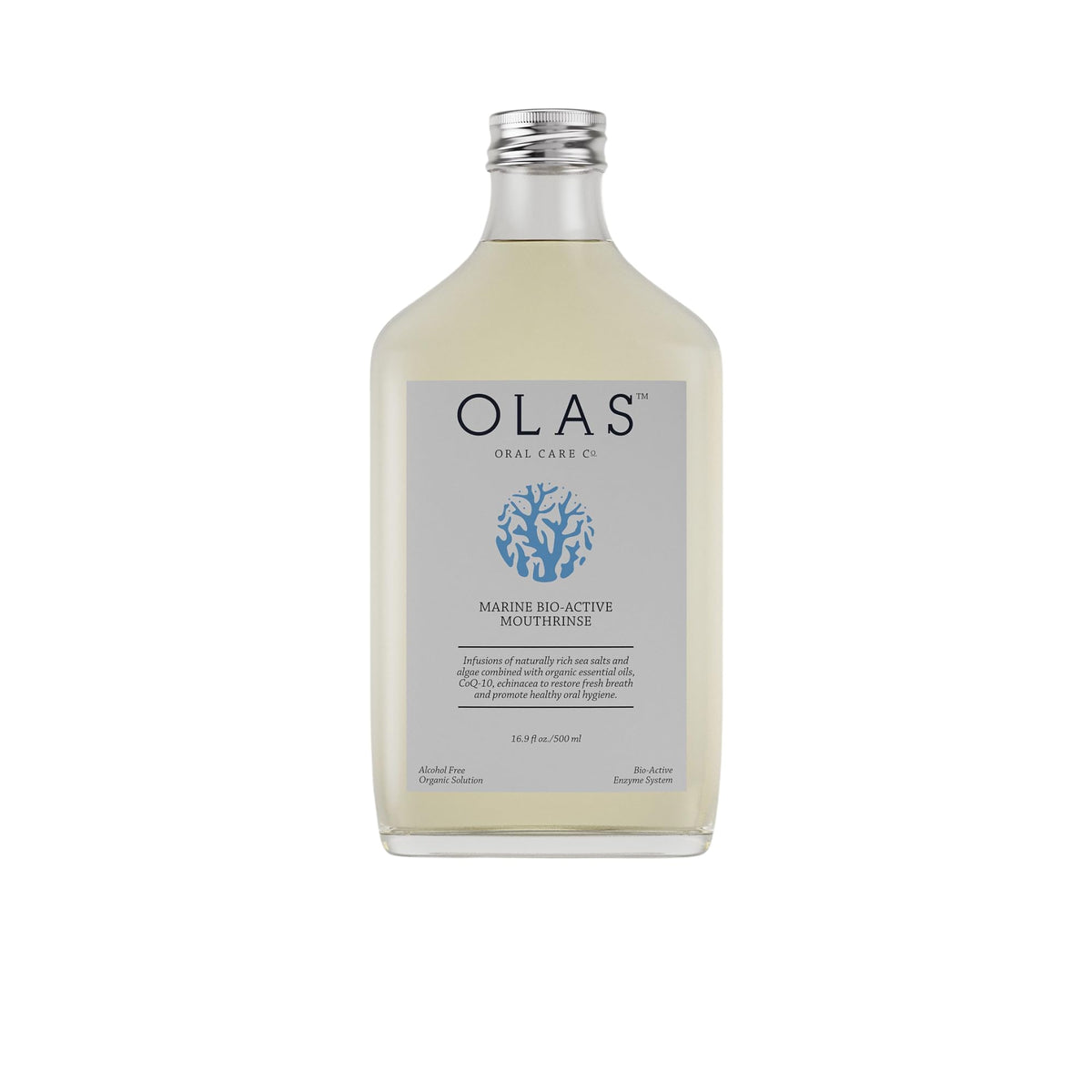 Olas alcohol-free mouthwash bottle for a refreshing, non-stinging daily rinse.