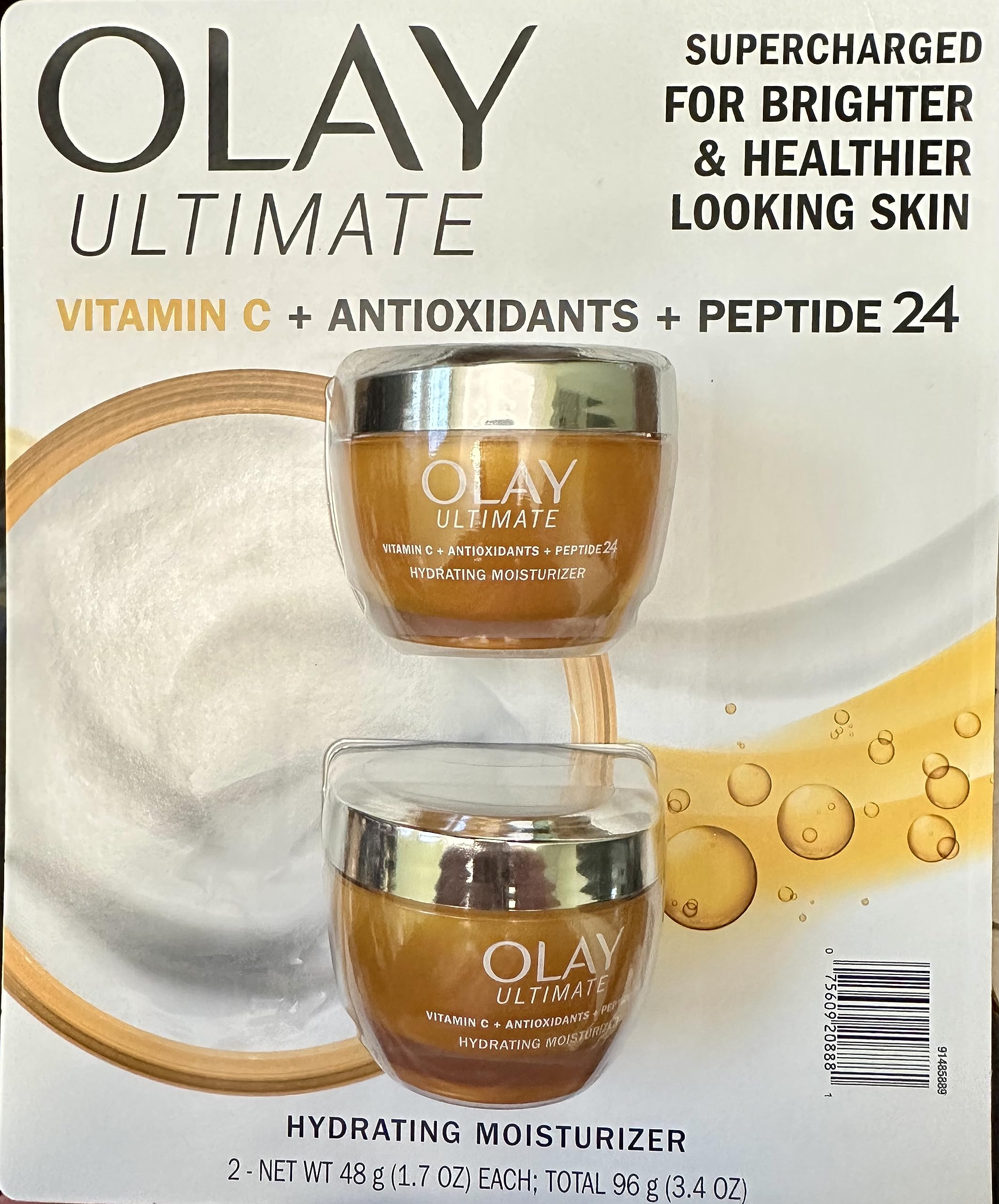 Two-pack Olay Ultimate Vitamin C bottle front with brightening potential.