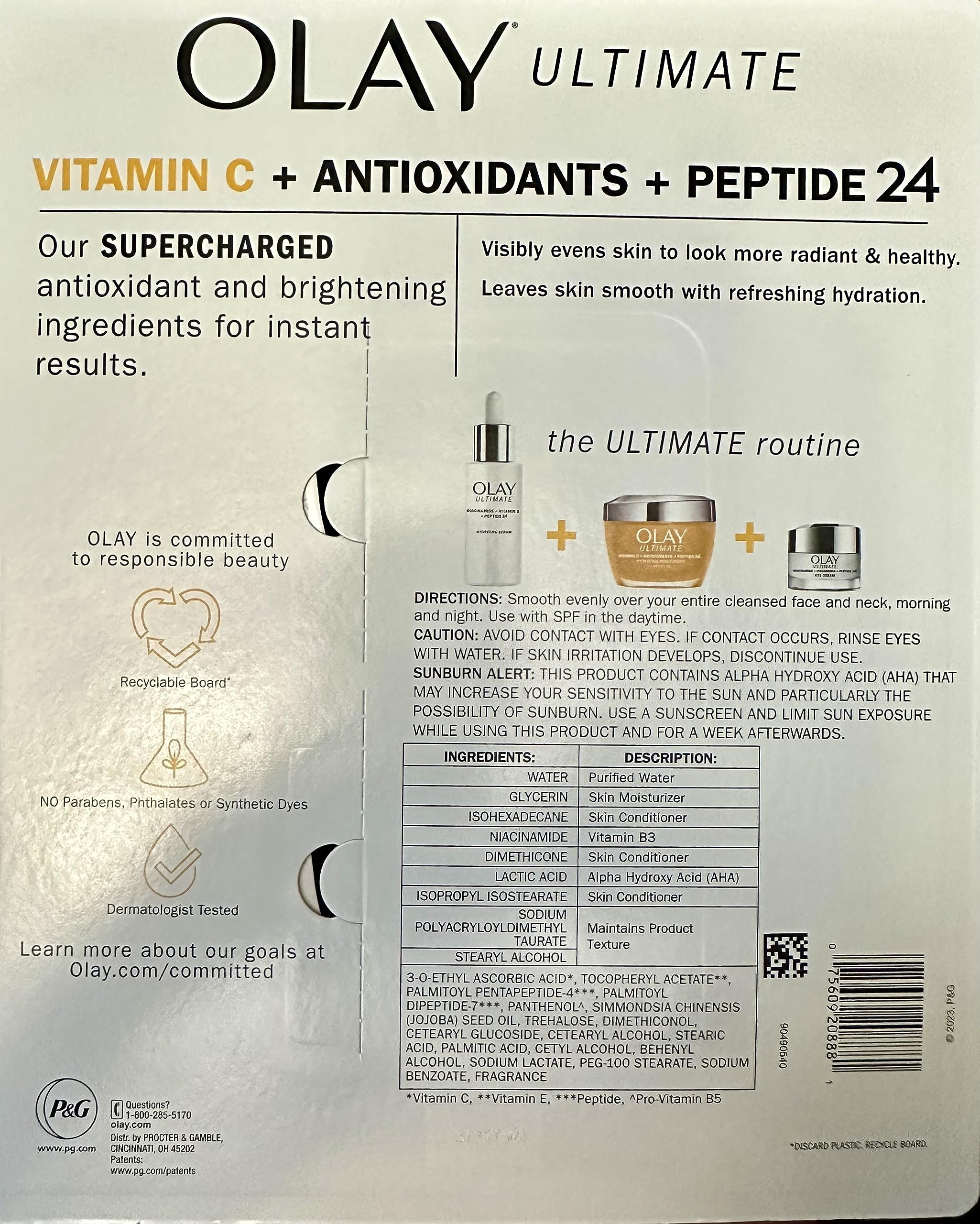 Olay Ultimate Vitamin C serum pump in use, brightening potential.