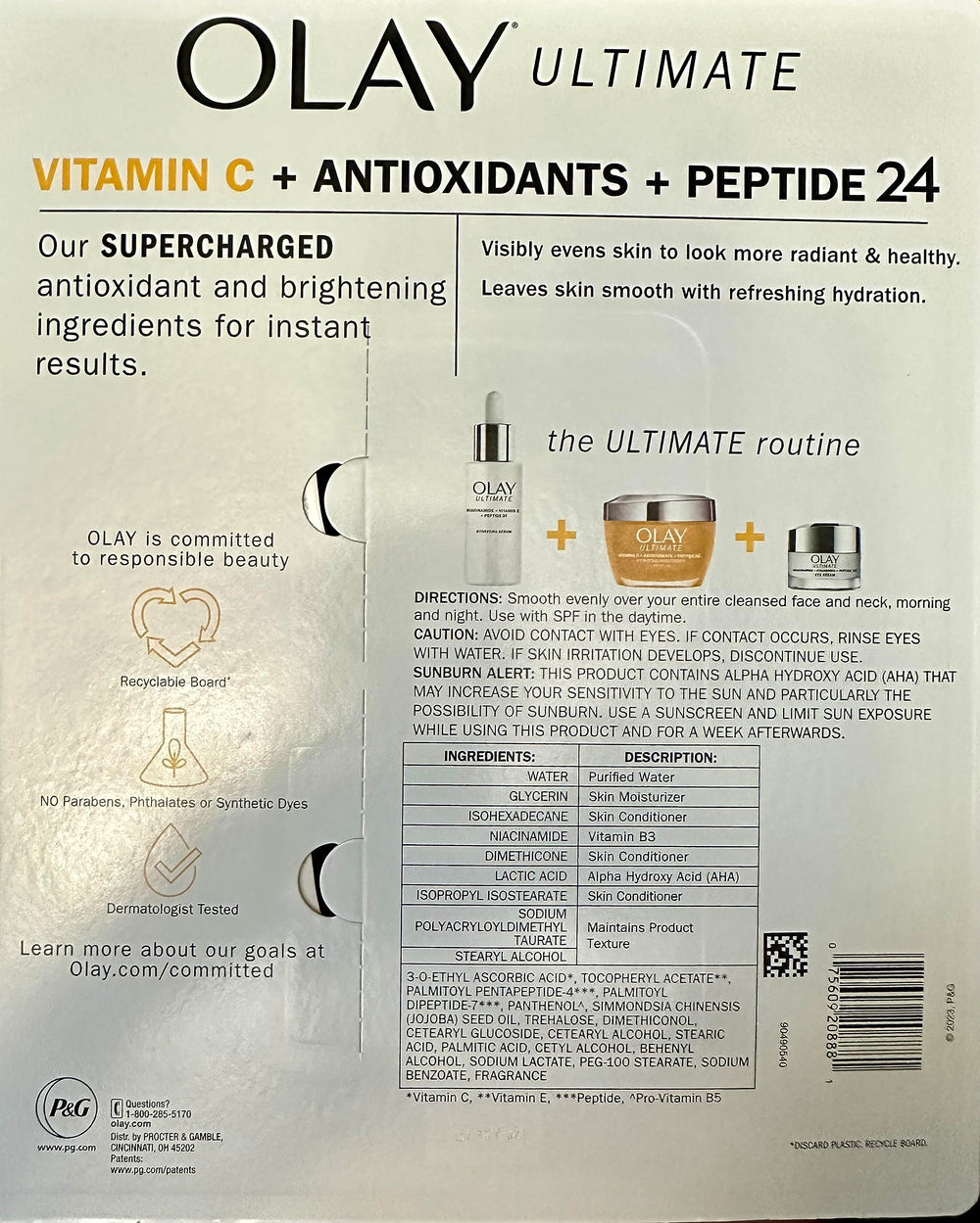 Olay Ultimate Vitamin C serum pump in use, brightening potential.