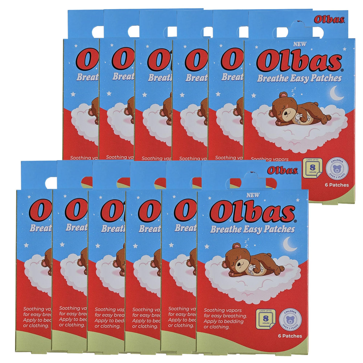 Olbas Breathe Easy Patches on a child's pajamas for easier breathing at night.