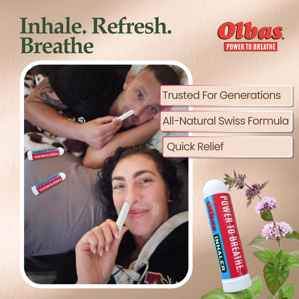 Olbas Inhaler on desk, convenient aroma for quick breathing relief at work.