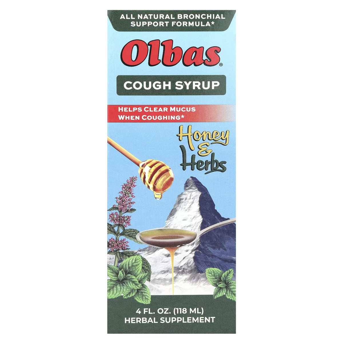 Olbas Syrup Pack of 5 bottle showing herbal honey formula for gentle relief
