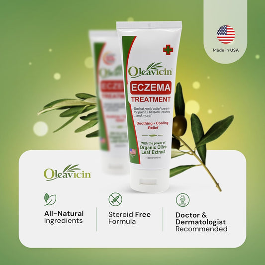 Oleavicin eczema cream jar closeup, smooth non-greasy texture for quick relief.