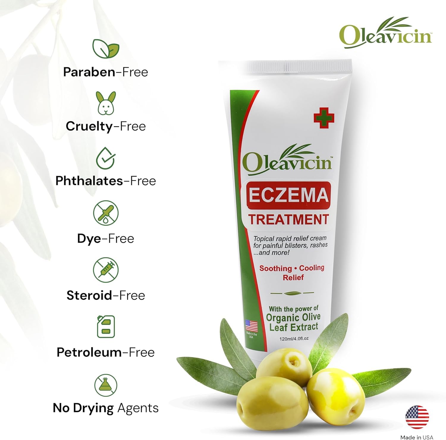 Oleavicin olive leaf extract ingredient closeup, highlighting natural soothing care.