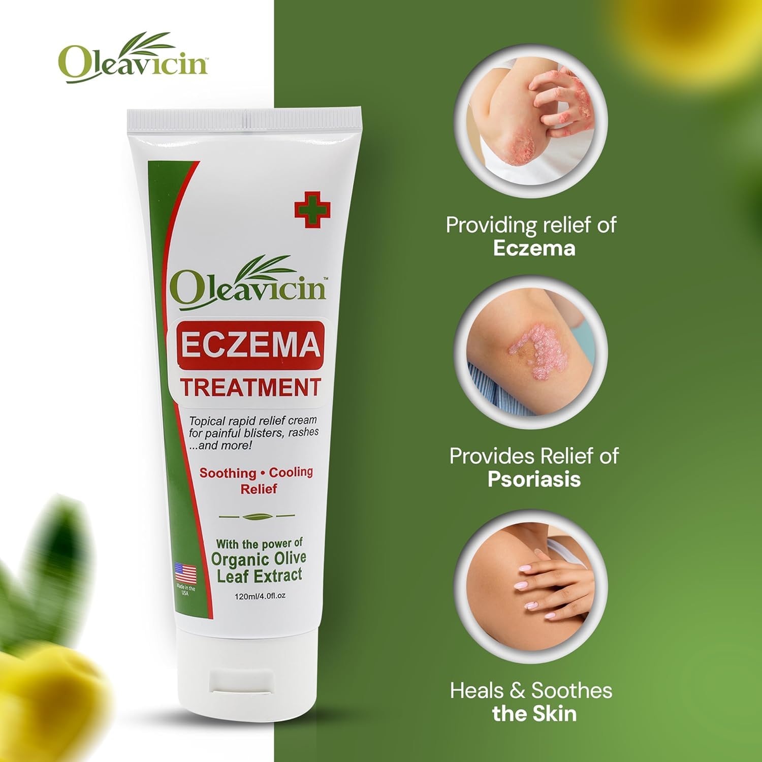 Oleavicin steroid-free formula label focus, suitable for sensitive skin.