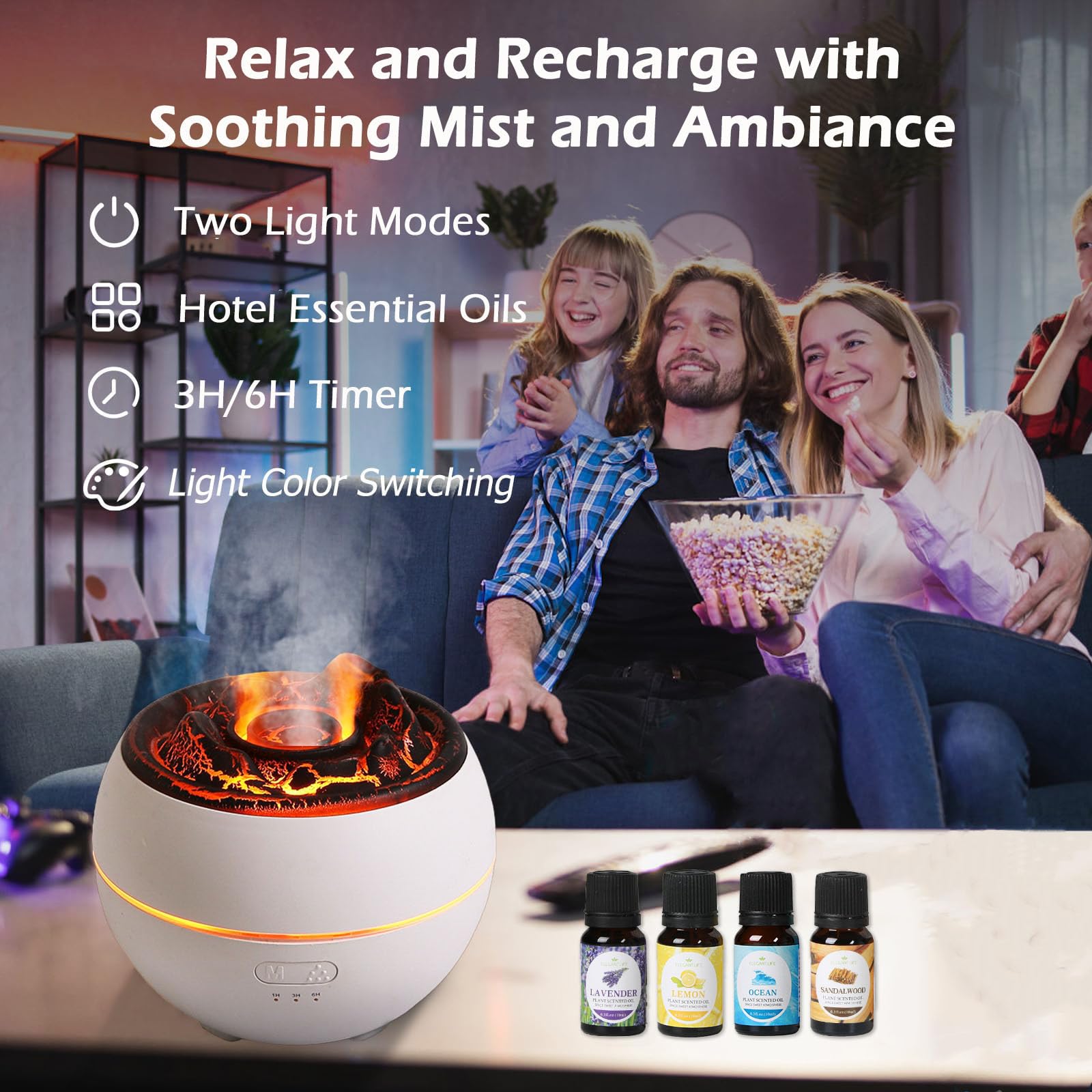 OLINLIFE Volcano Diffuser showing 7 color flame light for ambience