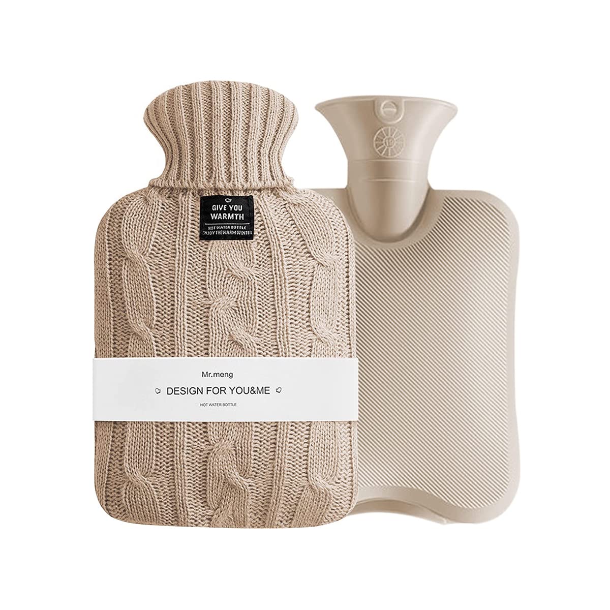 OliviaLiving 1L hot water bottle with knit cover for long-lasting warmth.