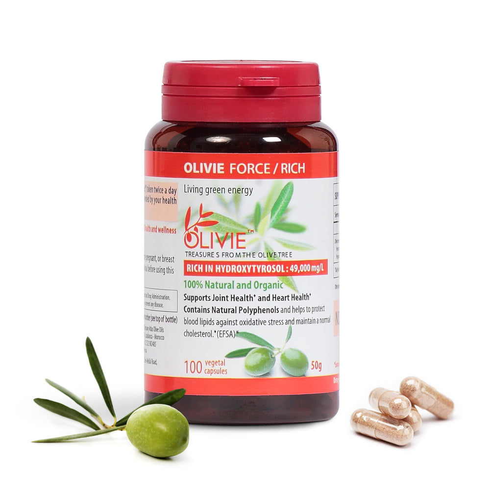OLIVIE Force/Rich olive leaf extract capsules bottle close-up for daily antioxidant support.