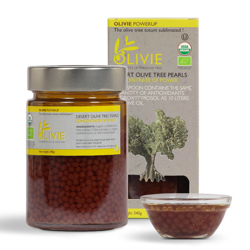 OLIVIE PowerUp Pearls capsules in bottle offering antioxidant polyphenols