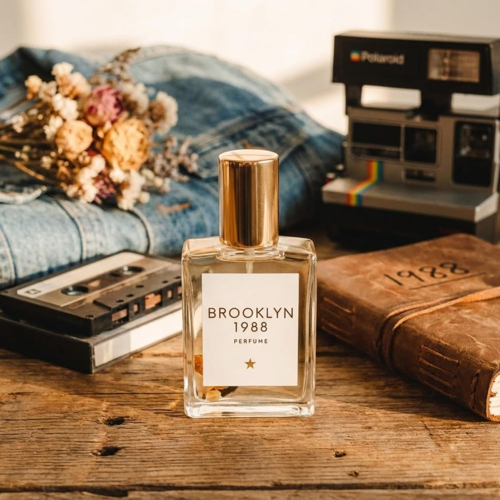 Olivine Atelier Brooklyn 1988 label detail showcases amber notes and elegant branding.