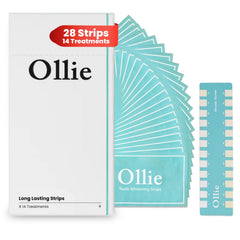 Ollie teeth whitening strips applied to teeth showing even whitening results.