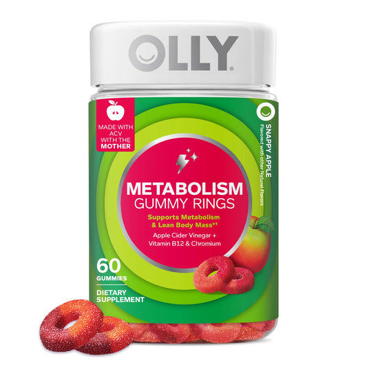 OLLY Metabolism Gummy Rings bottle front shows apple flavor and daily wellness support.