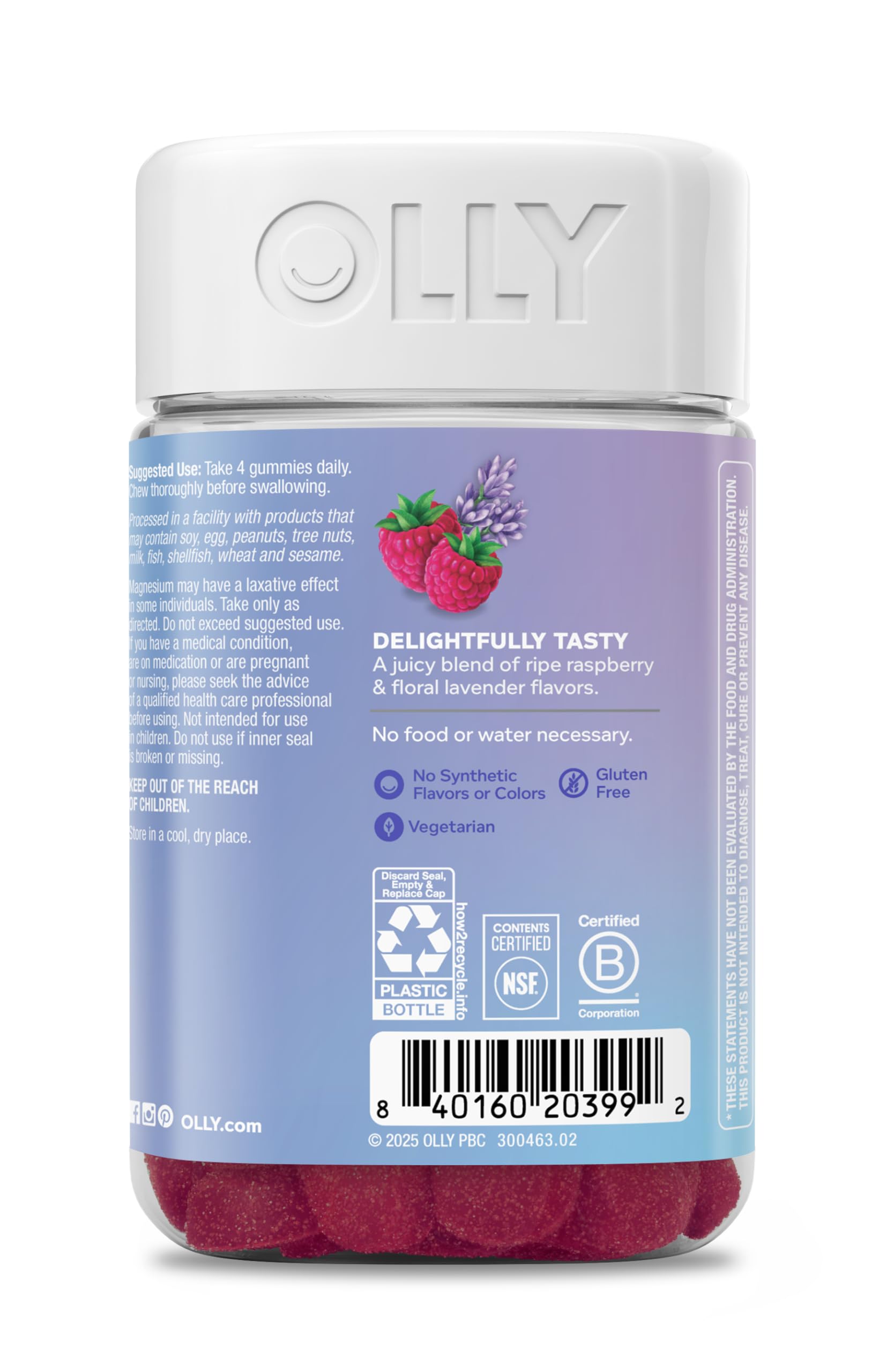 OLLY Relaxing Magnesium Gummies on a nightstand beside tea for calm moments