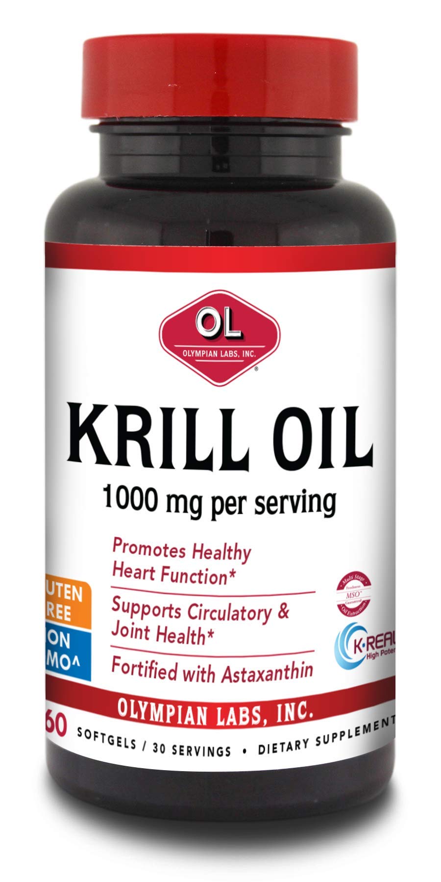 Olympian Labs Antarctic Krill Oil bottle promoting daily omega-3 and antioxidant support.
