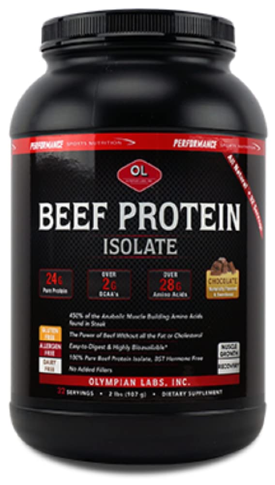 Olympian Labs Beef Protein Isolate bottle with 24g protein per serving