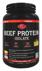 Olympian Labs Beef Protein Isolate bottle showing 24g protein per serving, BST-free