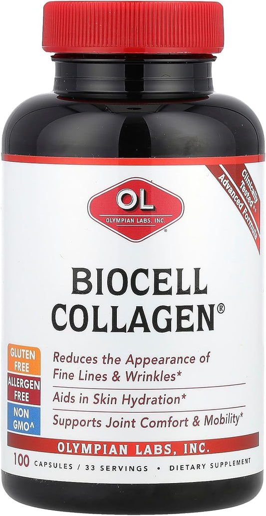 Olympian Labs BioCell Collagen II bottle with capsules for daily joint and skin support.