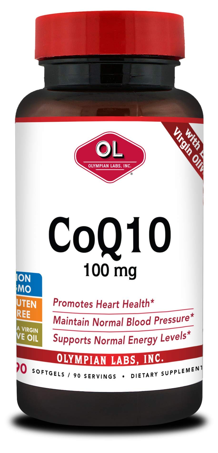 Olympian Labs CoQ10 bottle front highlights heart health support and trusted quality