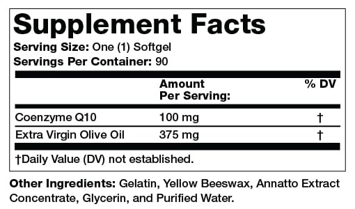 Olympian Labs CoQ10 softgels closeup showing easy-to-swallow capsules for daily use