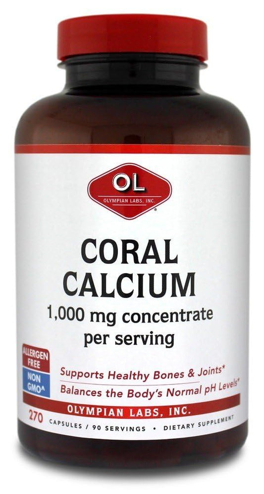 Olympian Labs Coral Calcium bottle highlighting 1000 mg per serving for bone and joint support