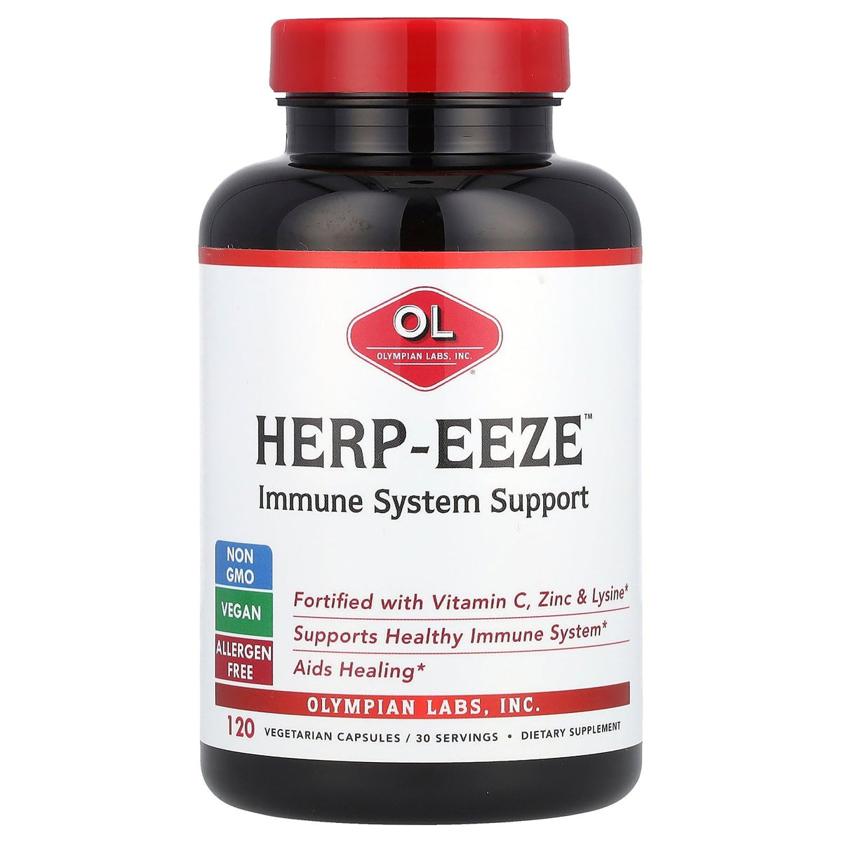 Olympian Labs Herp-eeze Next Gen bottle label highlights key ingredients for daily immune support