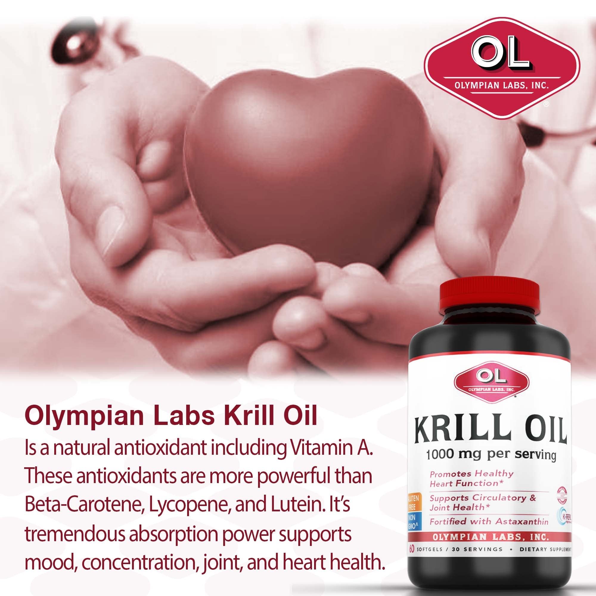 Olympian Labs Krill Oil softgels close-up showing easy swallow and minimal aftertaste.
