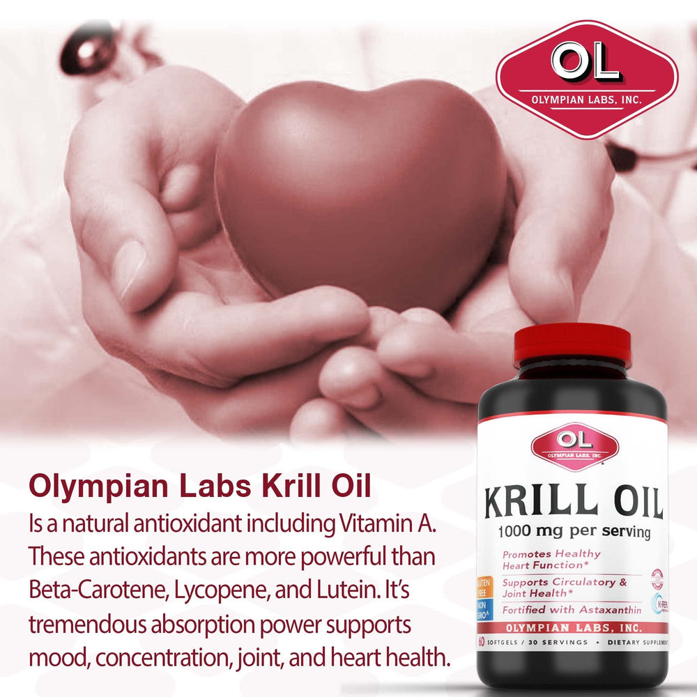 Olympian Labs Krill Oil softgels close-up showing easy swallow and minimal aftertaste.