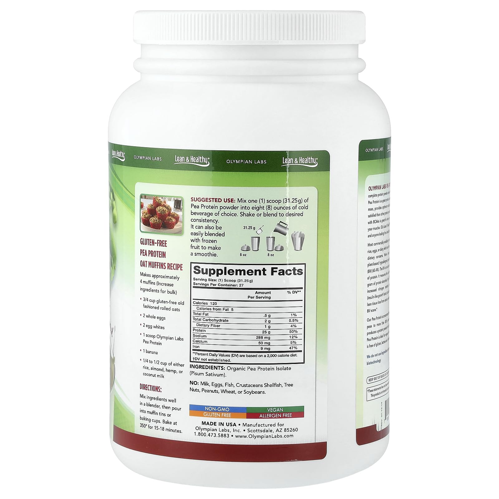 Olympian Labs pea protein powder scoop image highlighting unflavored versatility.
