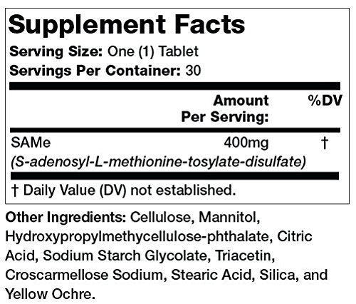 Label detail on Olympian Labs SAMe Gold with enteric coating and ingredients.