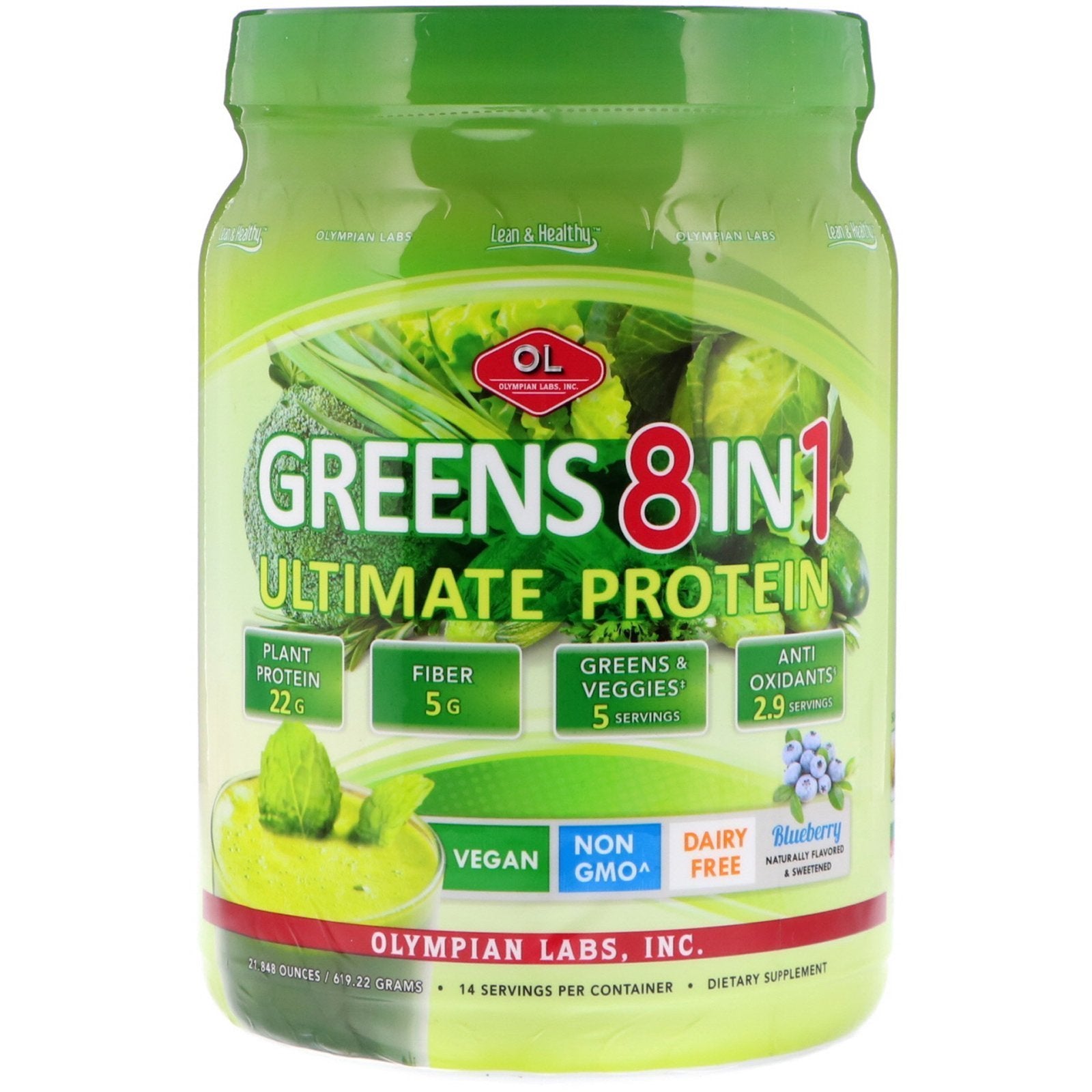 Olympian Labs Ultimate Greens bottle showing a convenient 8-in-1 plant mix for daily nutrition