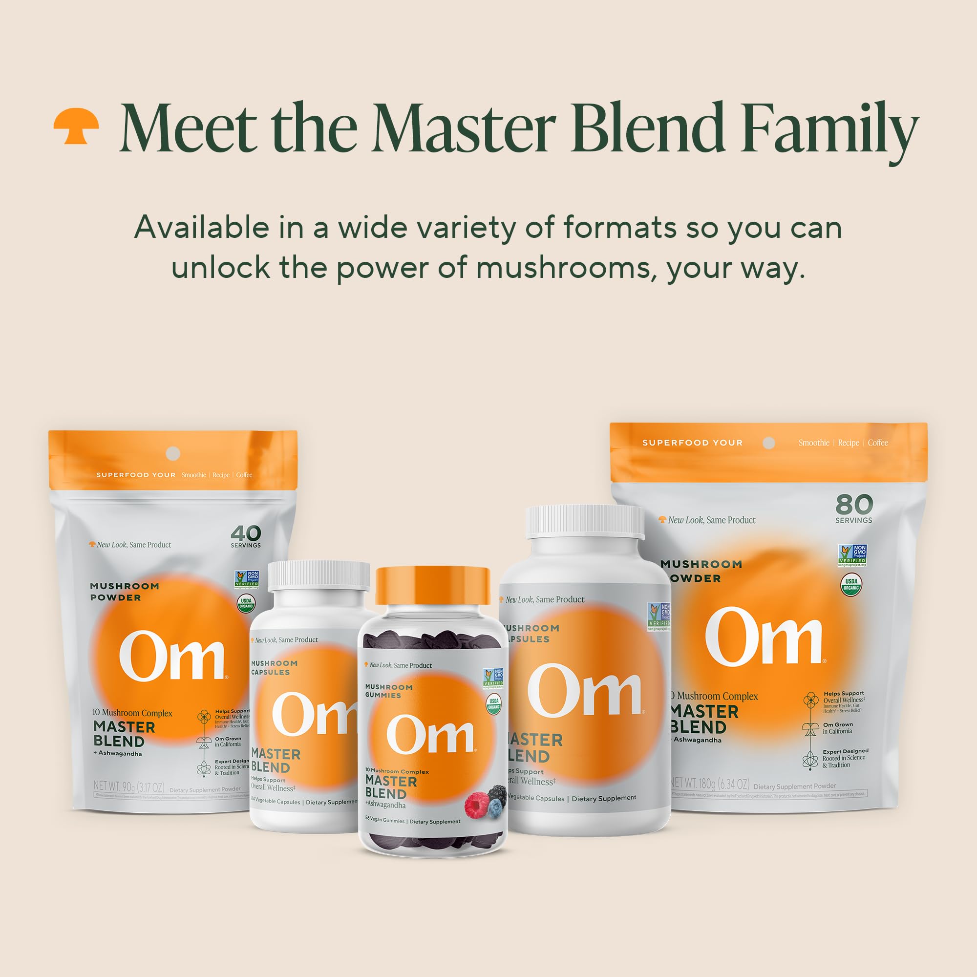 Om Master Blend capsules ready to take with water for daily wellness.